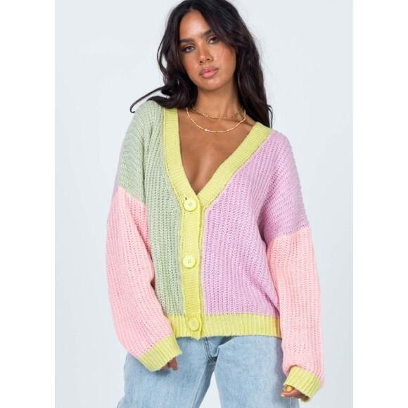Princess Polly Naomi Cardigan Sweater XS/S Oversized Colorblock Yellow Pink - Picture 2 of 12